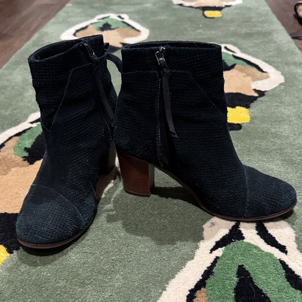 Toms Black Suede Ankle Booties with Wooden Block Heel